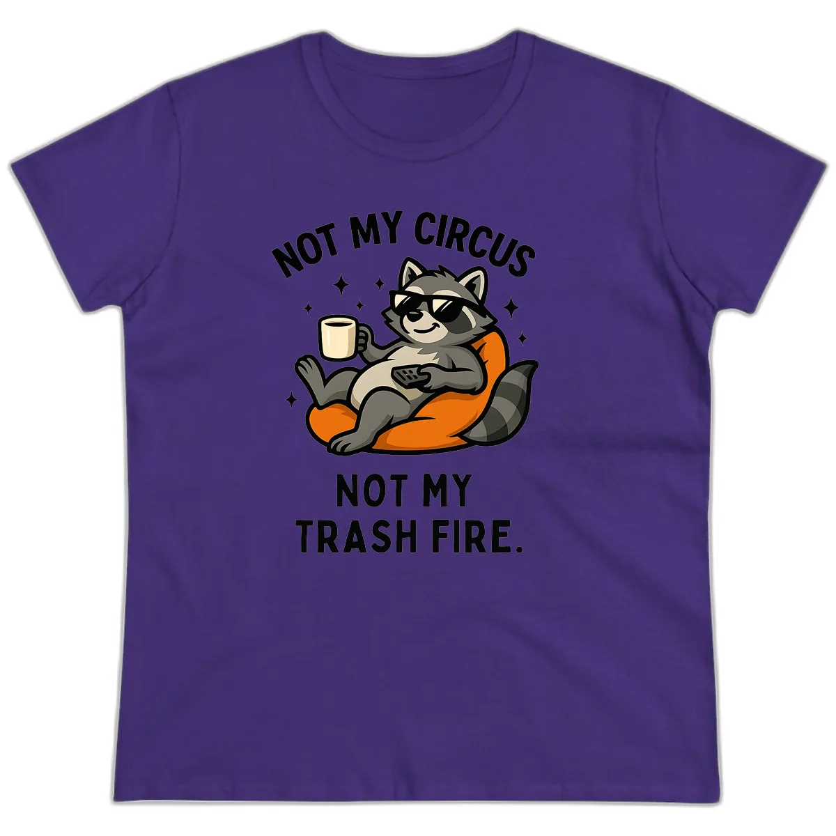 Not My Circus Trash Fire Raccoon Ladies Tee in Purple