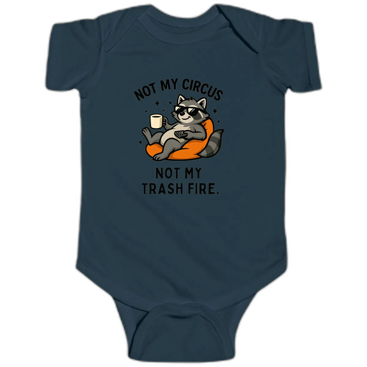 Not My Circus Trash Fire Raccoon Baby Onesie in Navy