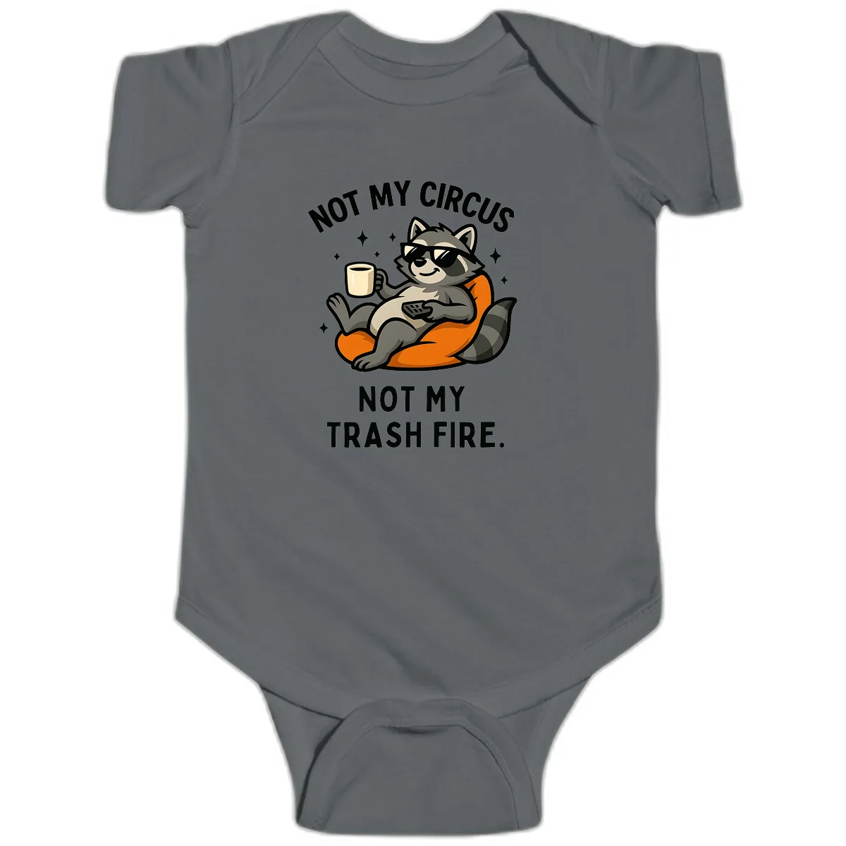 Not My Circus Trash Fire Raccoon Baby Onesie in Charcoal