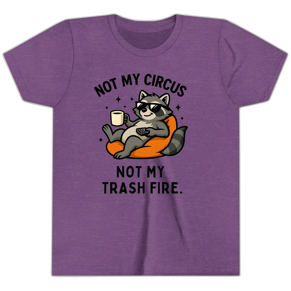 Not My Circus Trash Fire Raccoon Youth T-Shirt in Heather Team Purple