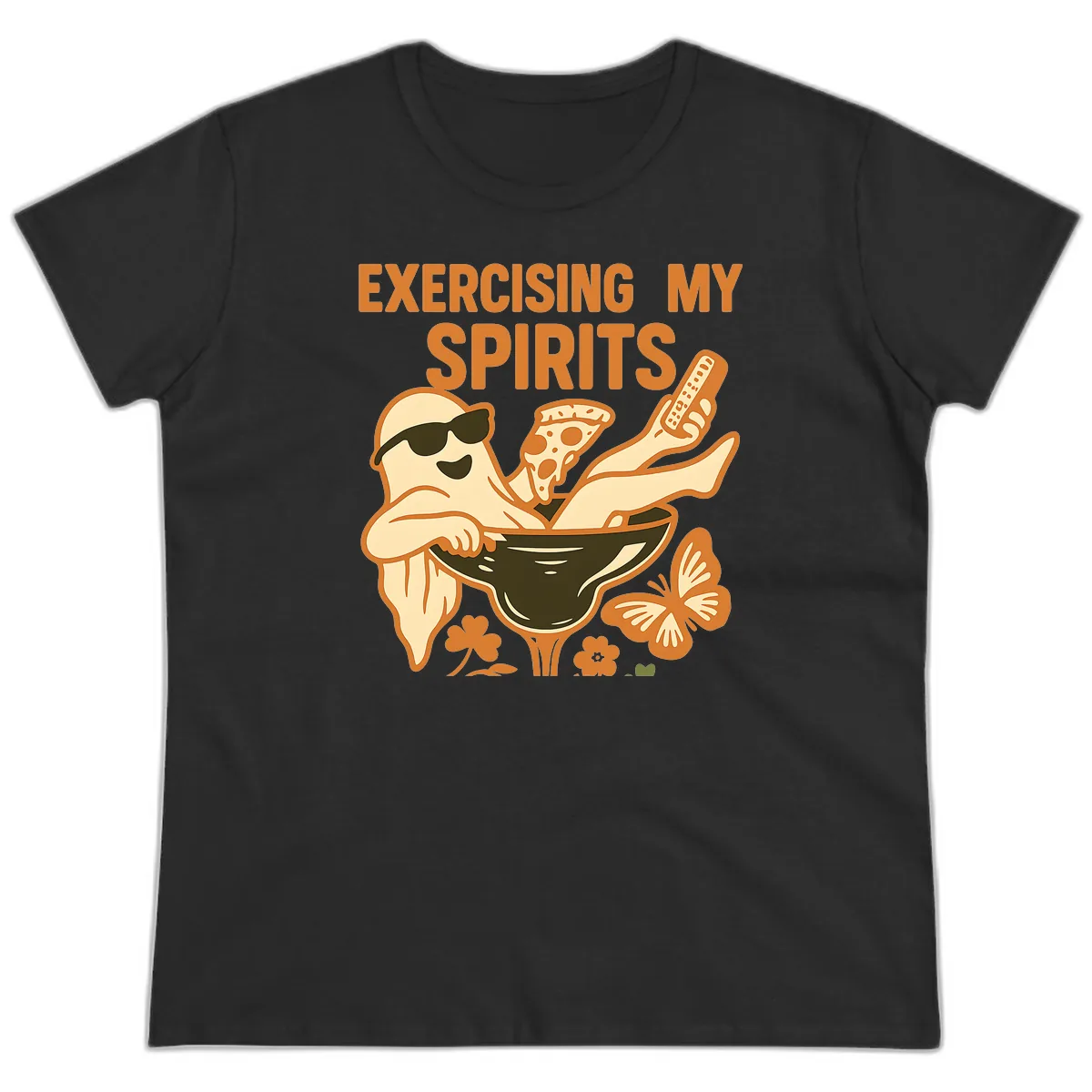 Exercising My Spirits Ghost Design Ladies Tee in Black