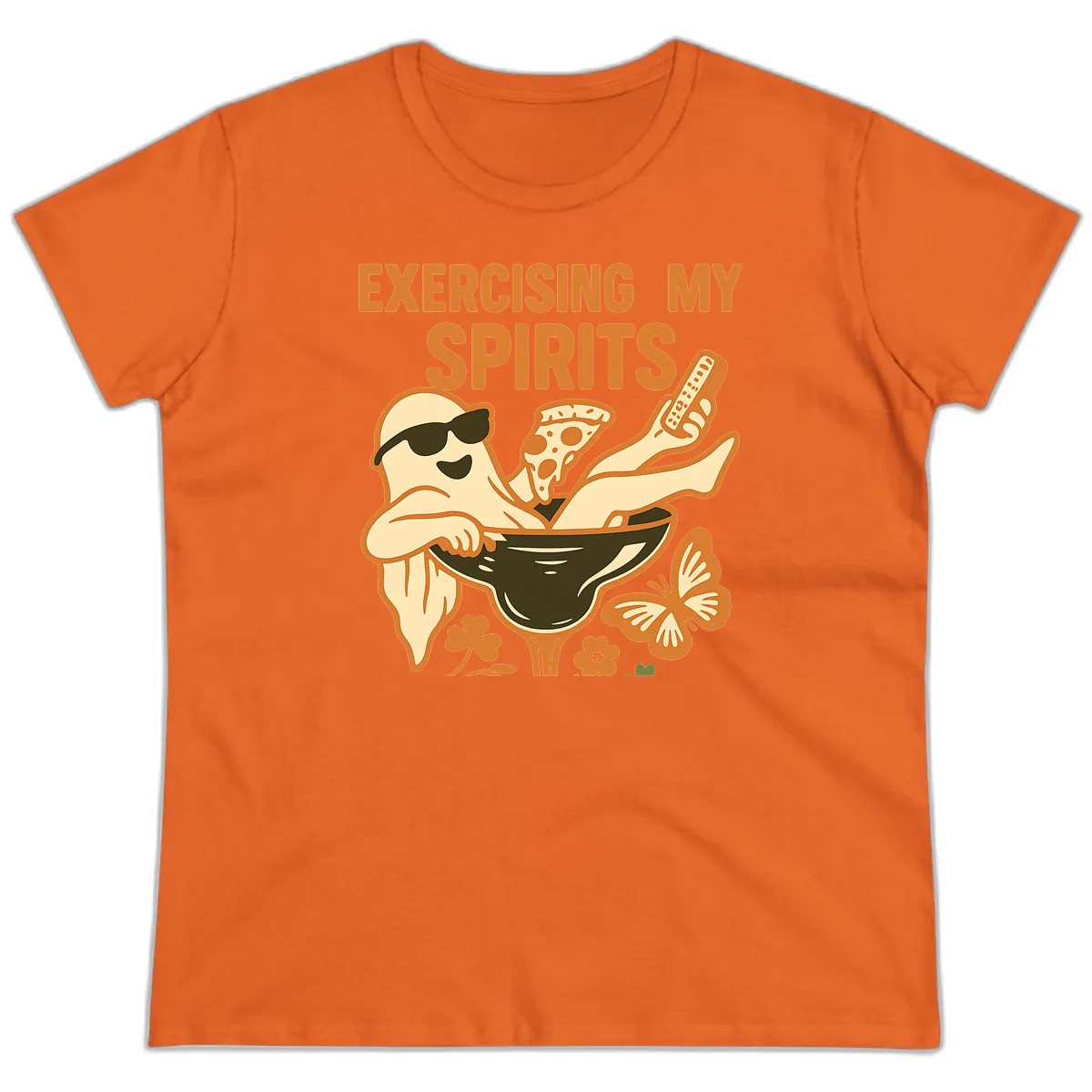 Exercising My Spirits Ghost Design Ladies Tee in Orange