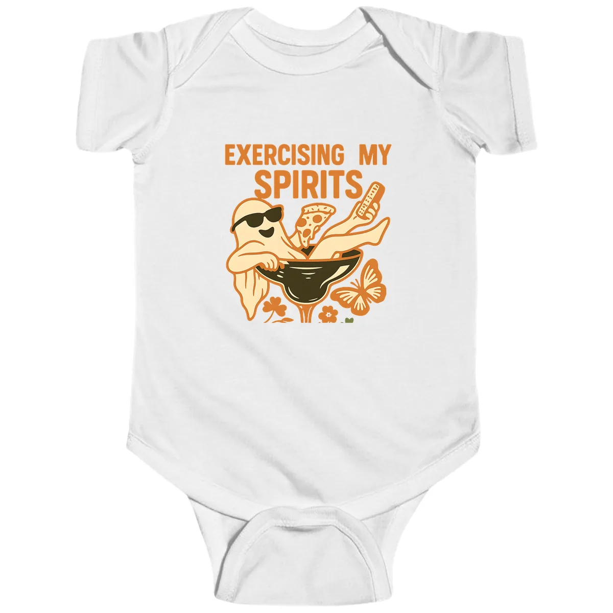 Exercising My Spirits Ghost Design Baby Onesie in White