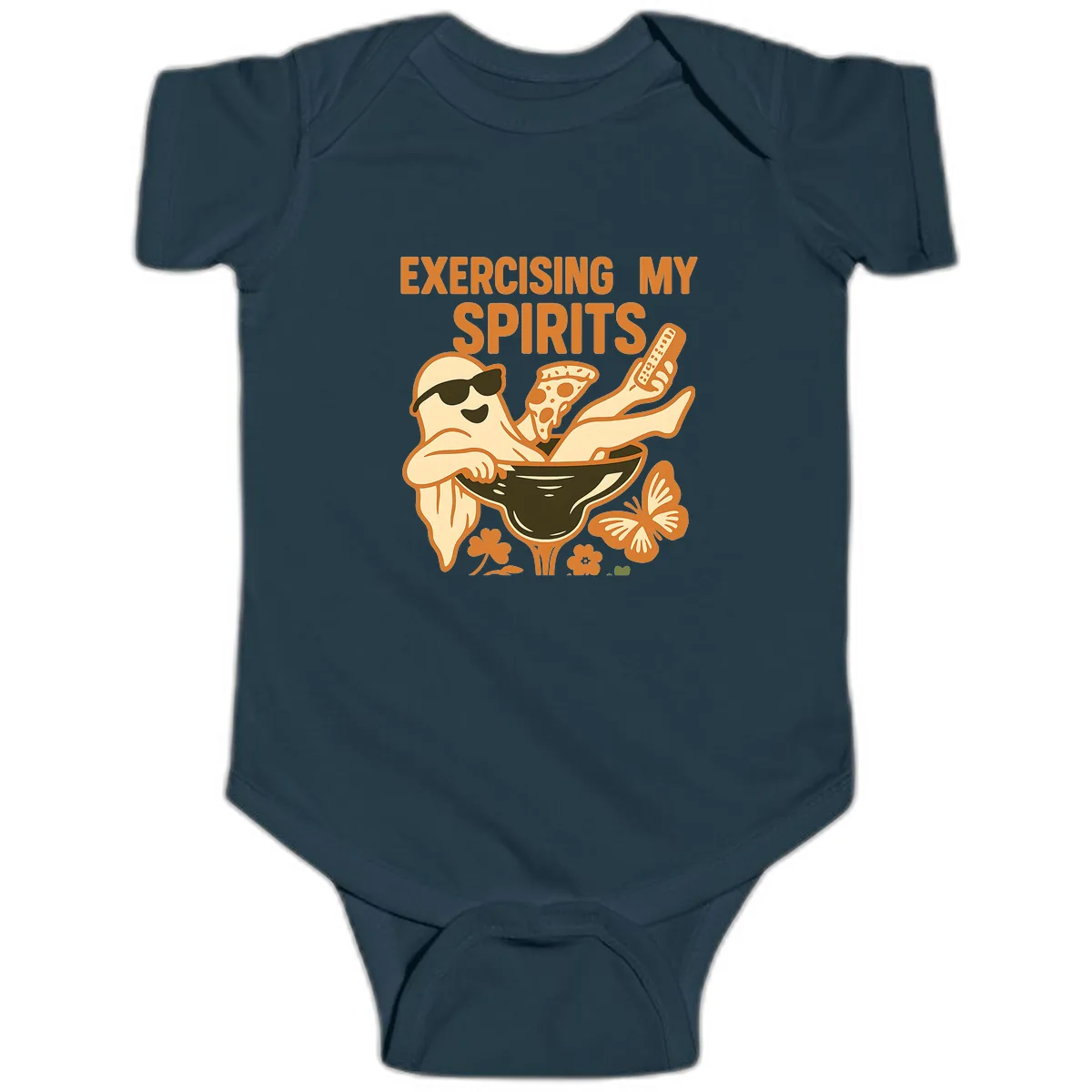 Exercising My Spirits Ghost Design Baby Onesie in Navy