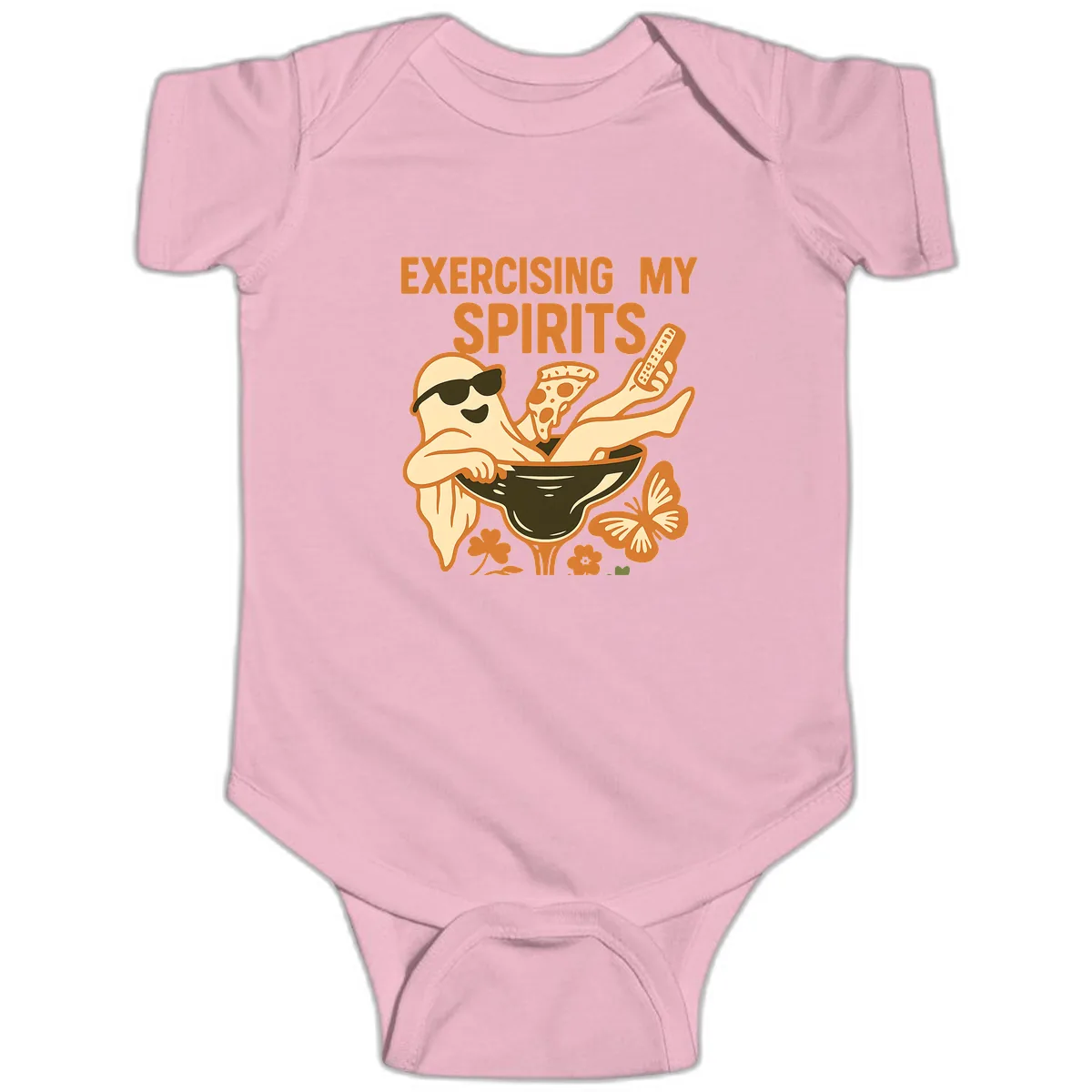 Exercising My Spirits Ghost Design Baby Onesie in Pink