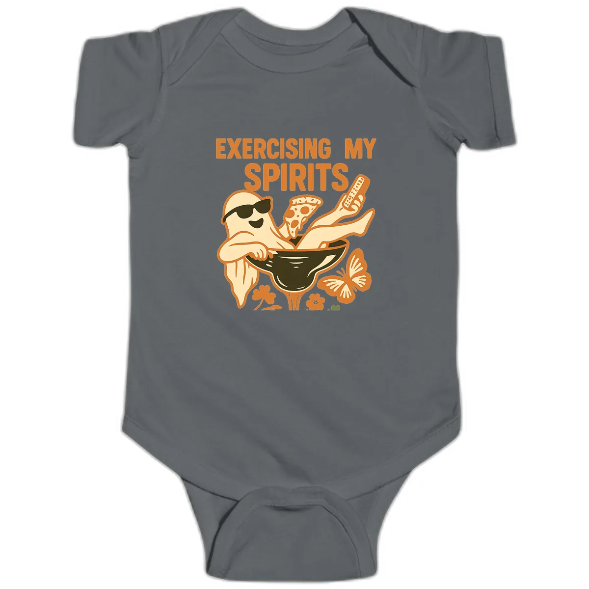 Exercising My Spirits Ghost Design Baby Onesie in Charcoal