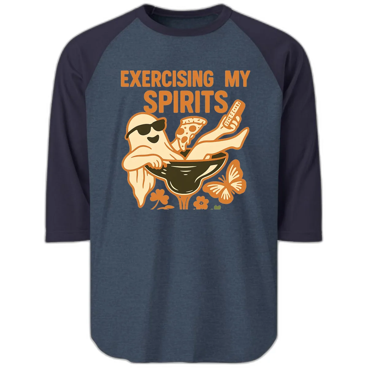 Exercising My Spirits Ghost Design Raglan 3/4 in Heather Denim Navy