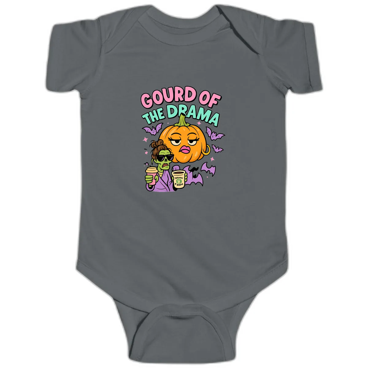 Gourd of the Drama Halloween Baby Onesie in Charcoal