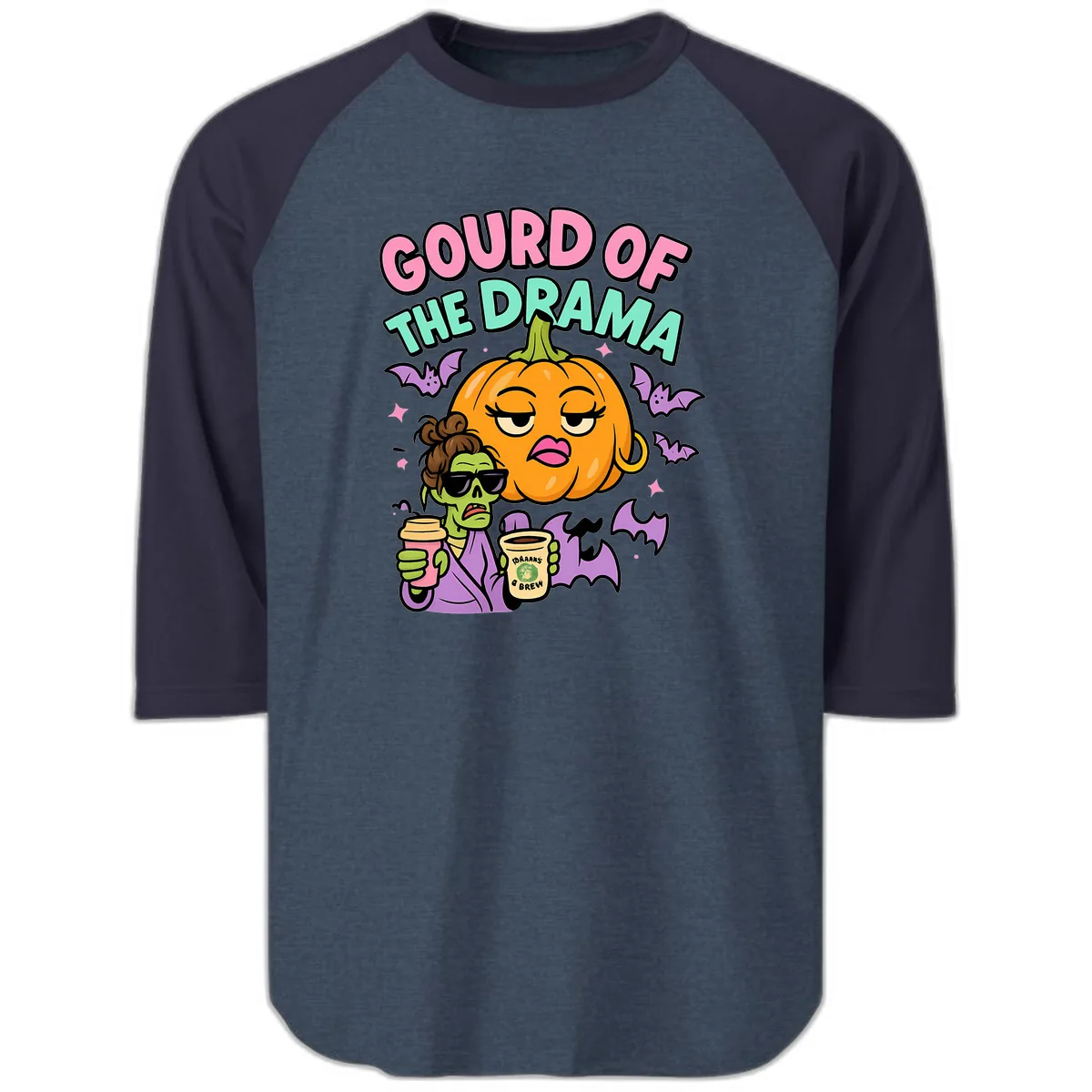 Gourd of the Drama Halloween Raglan 3/4 in Heather Denim Navy