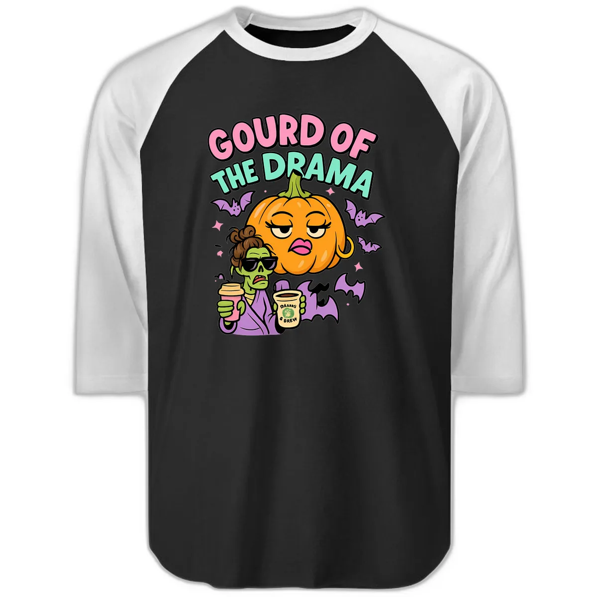 Gourd of the Drama Halloween Raglan 3/4 in Black White