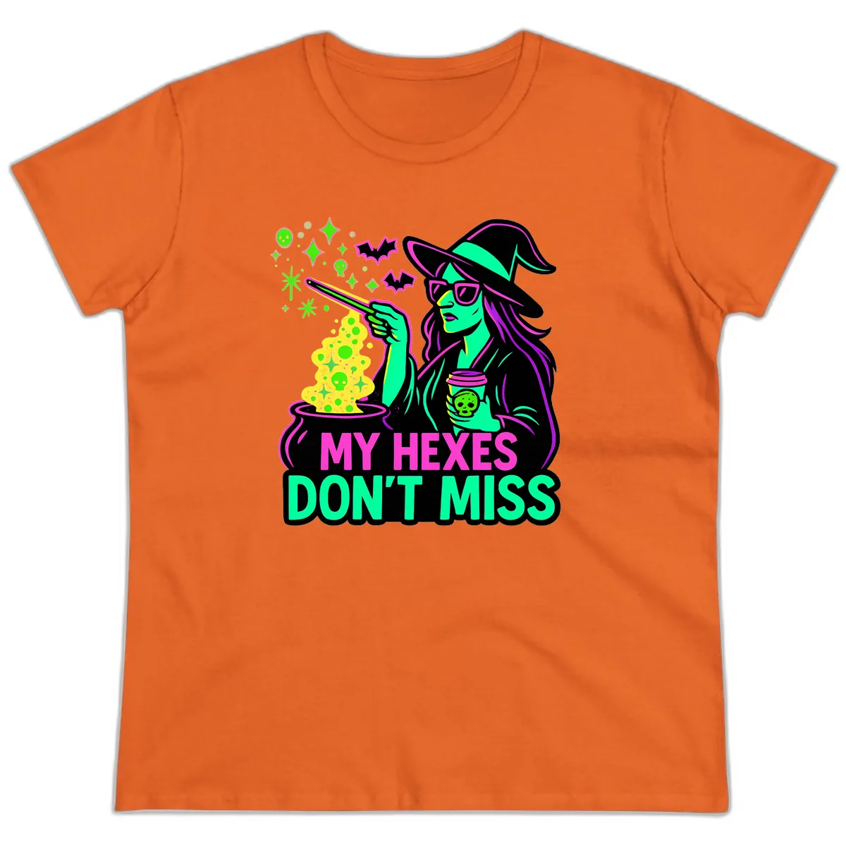 My Hexes Don't Miss Witch Coffee Ladies Tee in Orange
