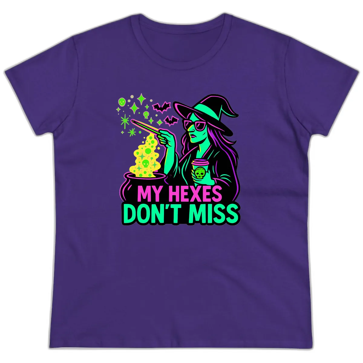 My Hexes Don't Miss Witch Coffee Ladies Tee in Purple