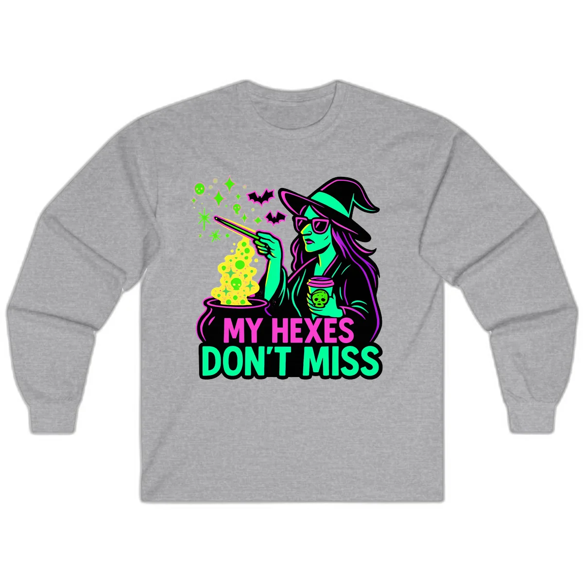 My Hexes Don't Miss Witch Coffee Long Sleeve in Sport Grey