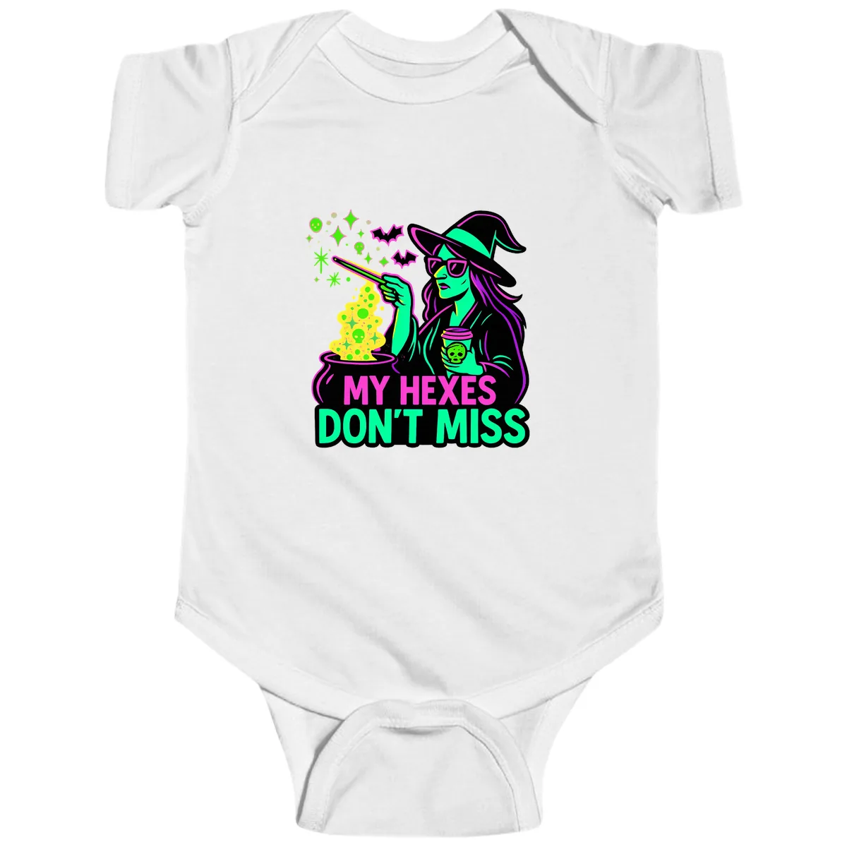 My Hexes Don't Miss Witch Coffee Baby Onesie in White