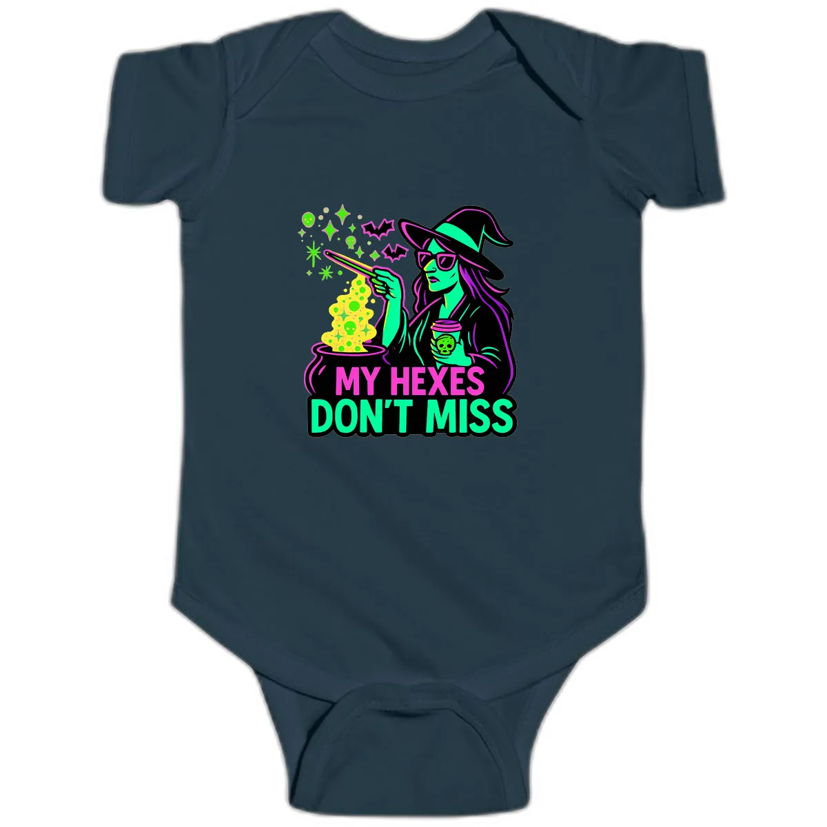 My Hexes Don't Miss Witch Coffee Baby Onesie in Navy