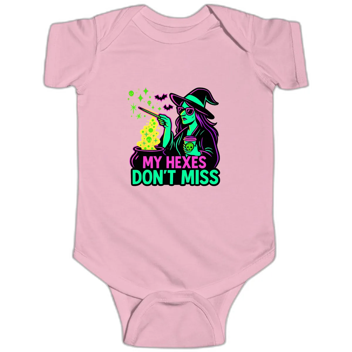 My Hexes Don't Miss Witch Coffee Baby Onesie in Pink