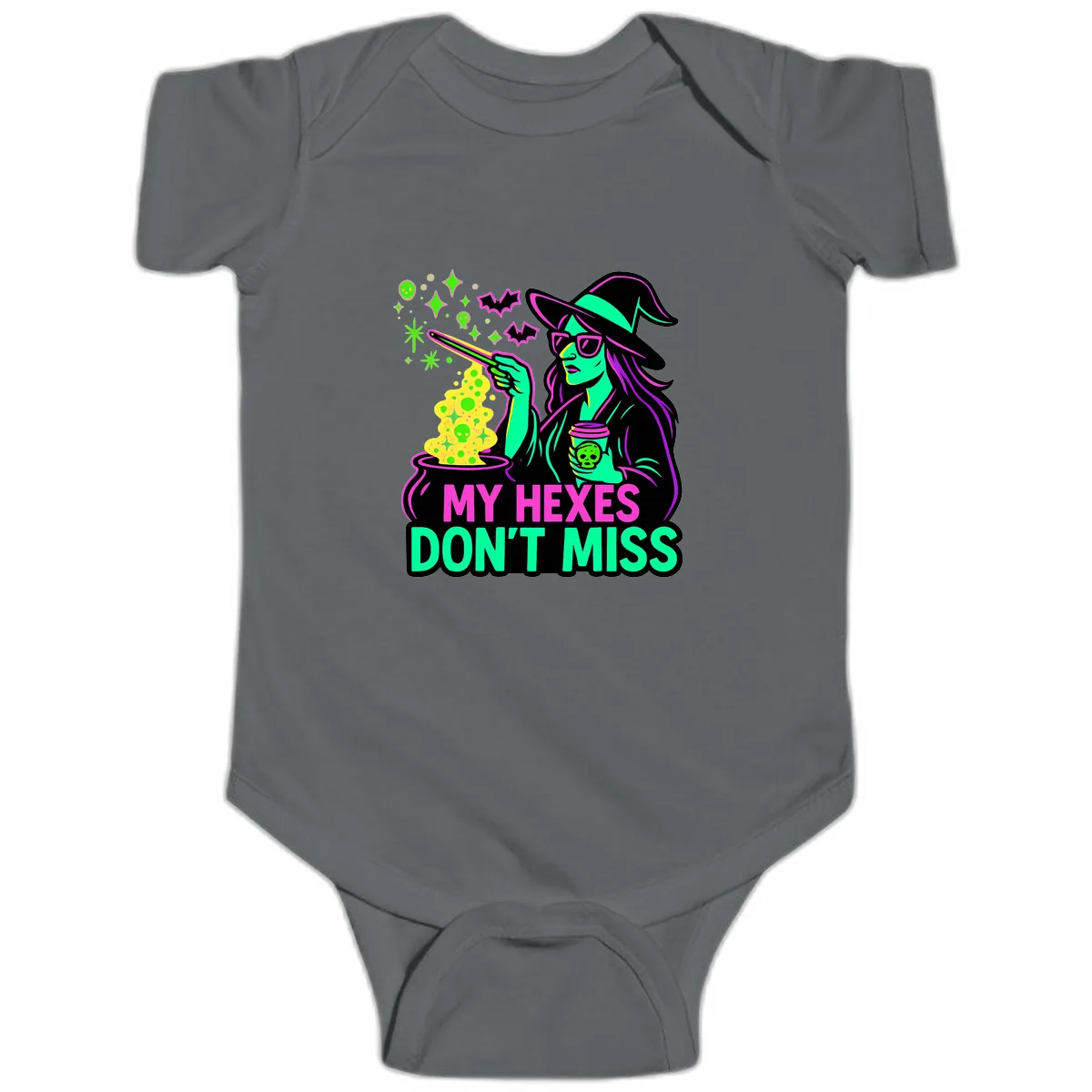 My Hexes Don't Miss Witch Coffee Baby Onesie in Charcoal