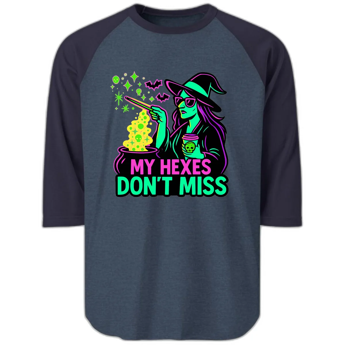 My Hexes Don't Miss Witch Coffee Raglan 3/4 in Heather Denim Navy