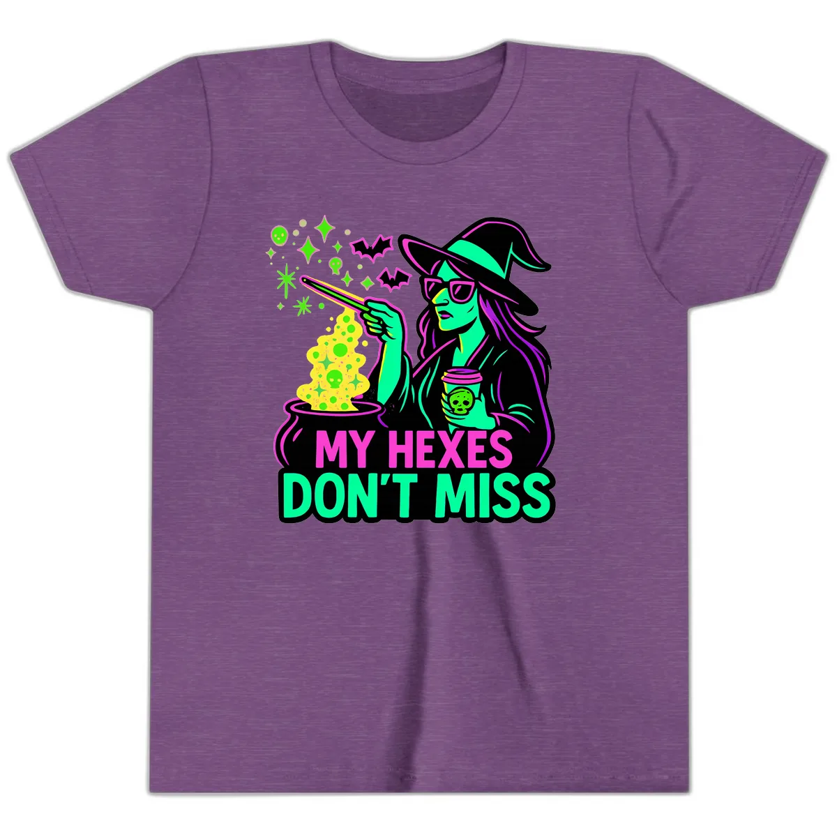 My Hexes Don't Miss Witch Coffee Youth T-Shirt in Heather Team Purple