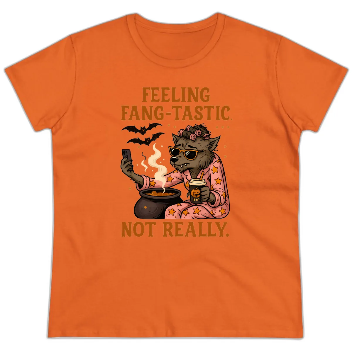 Feeling Fang-Tastic Not Really Werewolf Ladies Tee in Orange