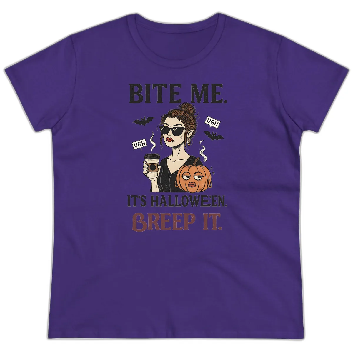 Ugh It's Halloween Sarcastic Coffee Girl Ladies Tee in Purple