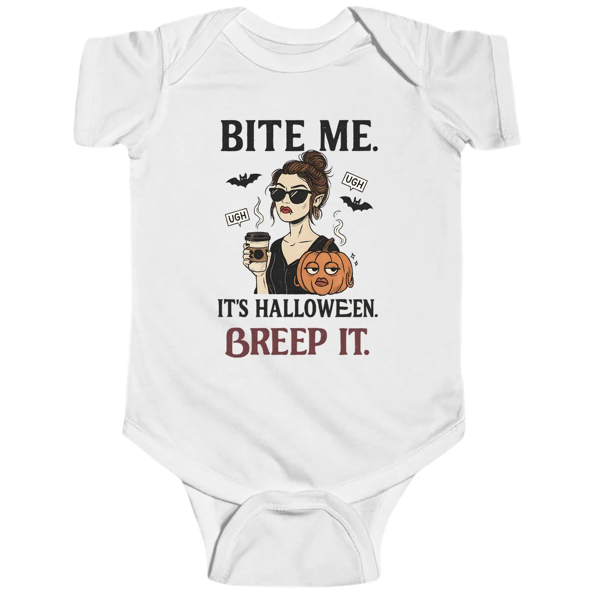 Ugh It's Halloween Sarcastic Coffee Girl Baby Onesie in White