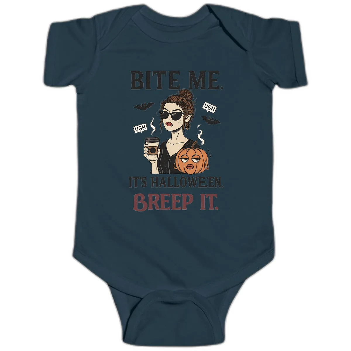 Ugh It's Halloween Sarcastic Coffee Girl Baby Onesie in Navy