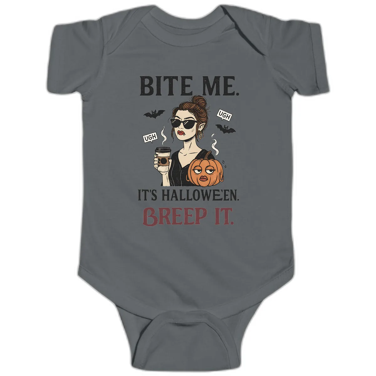 Ugh It's Halloween Sarcastic Coffee Girl Baby Onesie in Charcoal