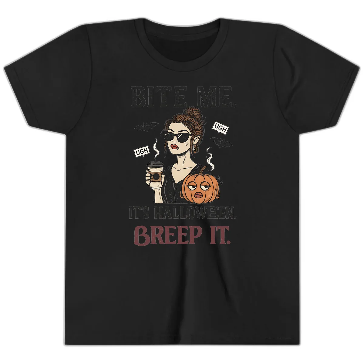 Ugh It's Halloween Sarcastic Coffee Girl Youth T-Shirt in Black