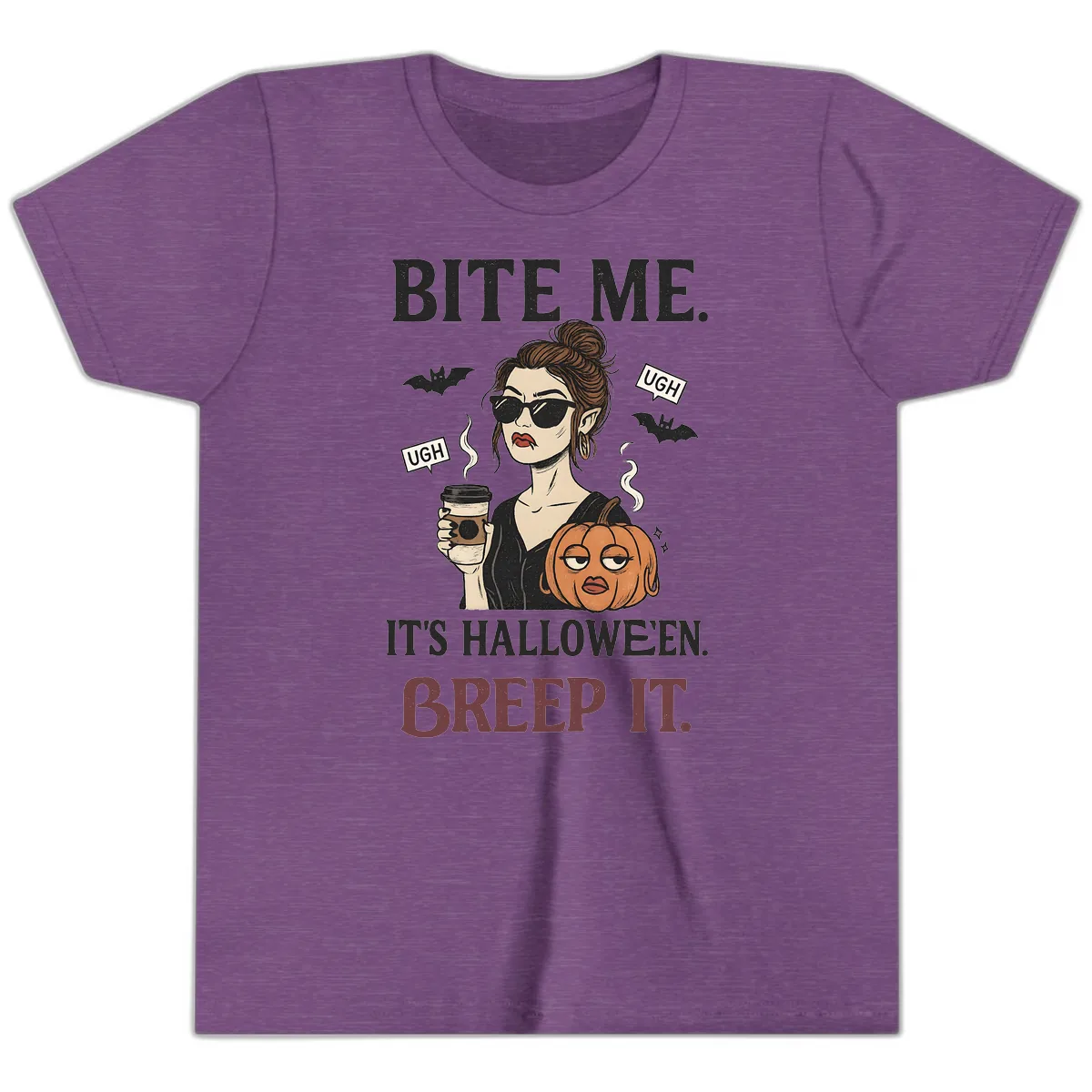 Ugh It's Halloween Sarcastic Coffee Girl Youth T-Shirt in Heather Team Purple