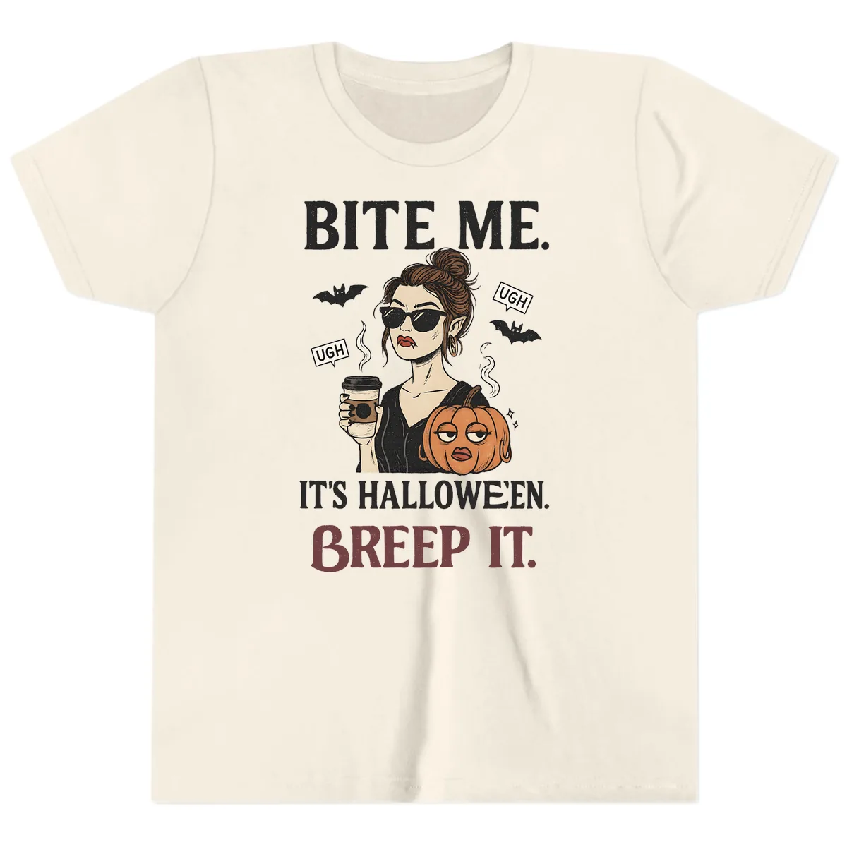 Ugh It's Halloween Sarcastic Coffee Girl Youth T-Shirt in Natural