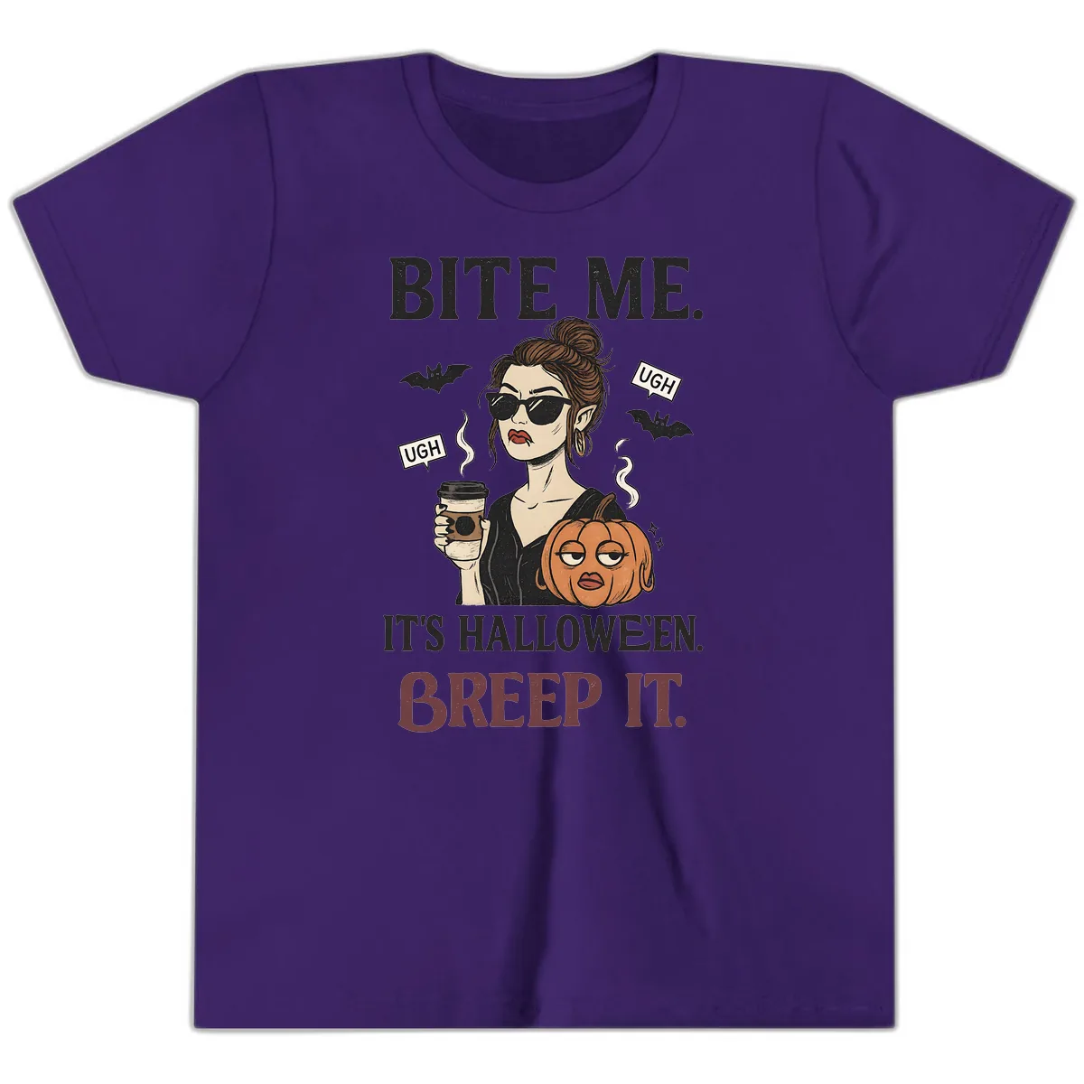 Ugh It's Halloween Sarcastic Coffee Girl Youth T-Shirt in Team Purple