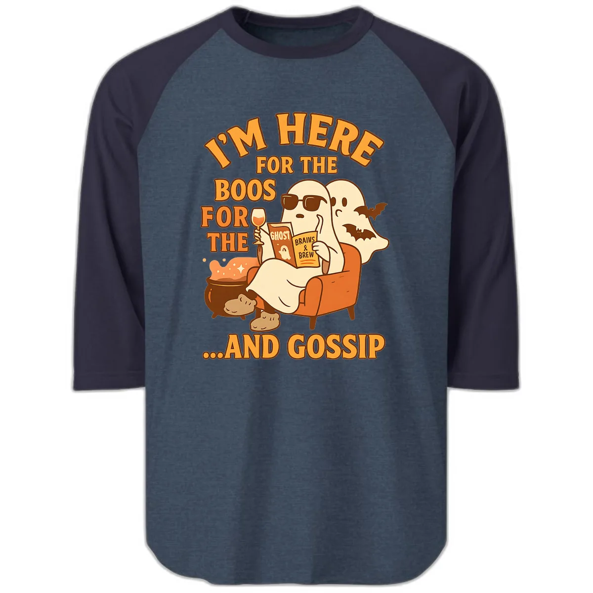 I'm Here For The Boos And Gossip Raglan 3/4 in Heather Denim Navy