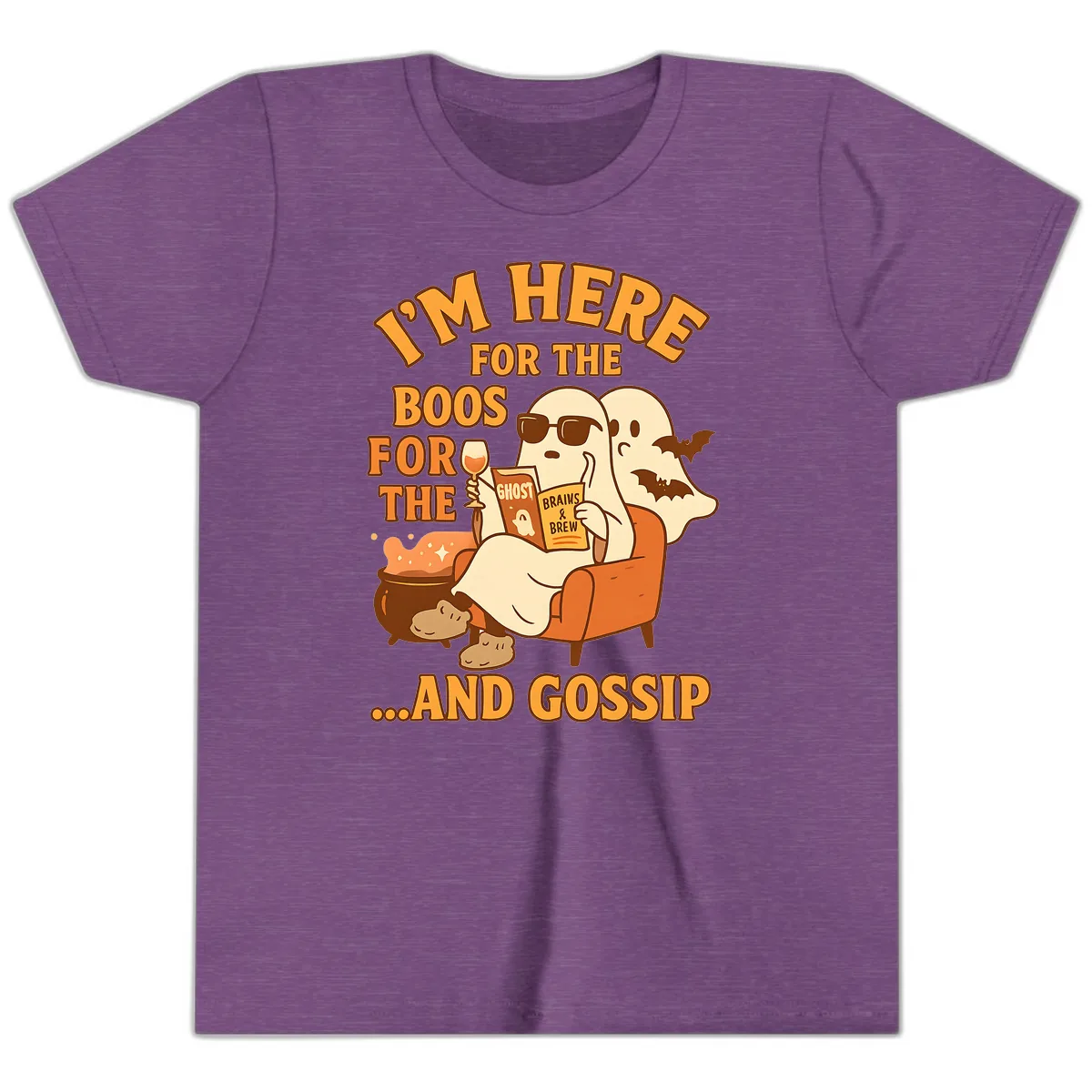 I'm Here For The Boos And Gossip Youth T-Shirt in Heather Team Purple