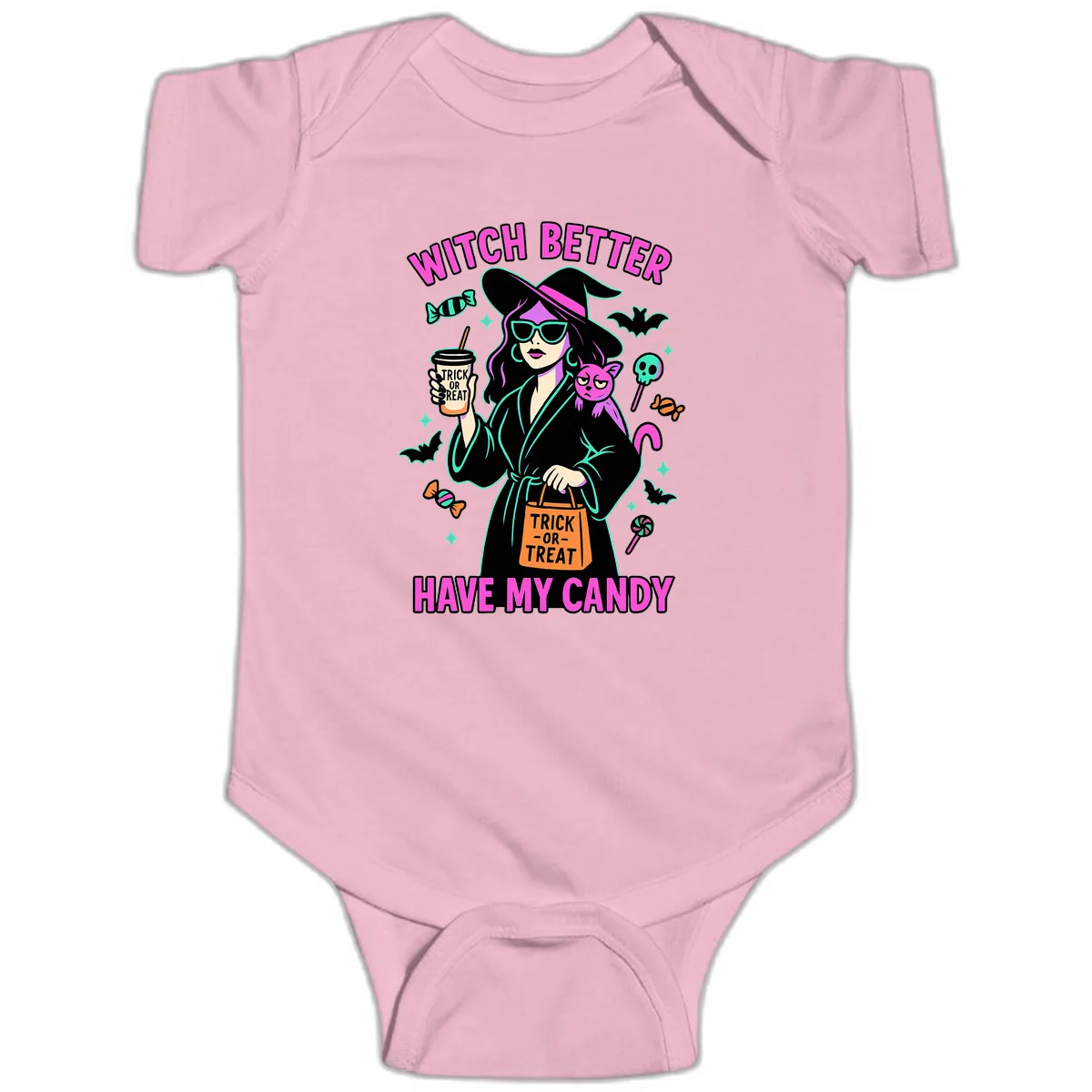 Witch Better Have My Candy Halloween Baby Onesie in Pink