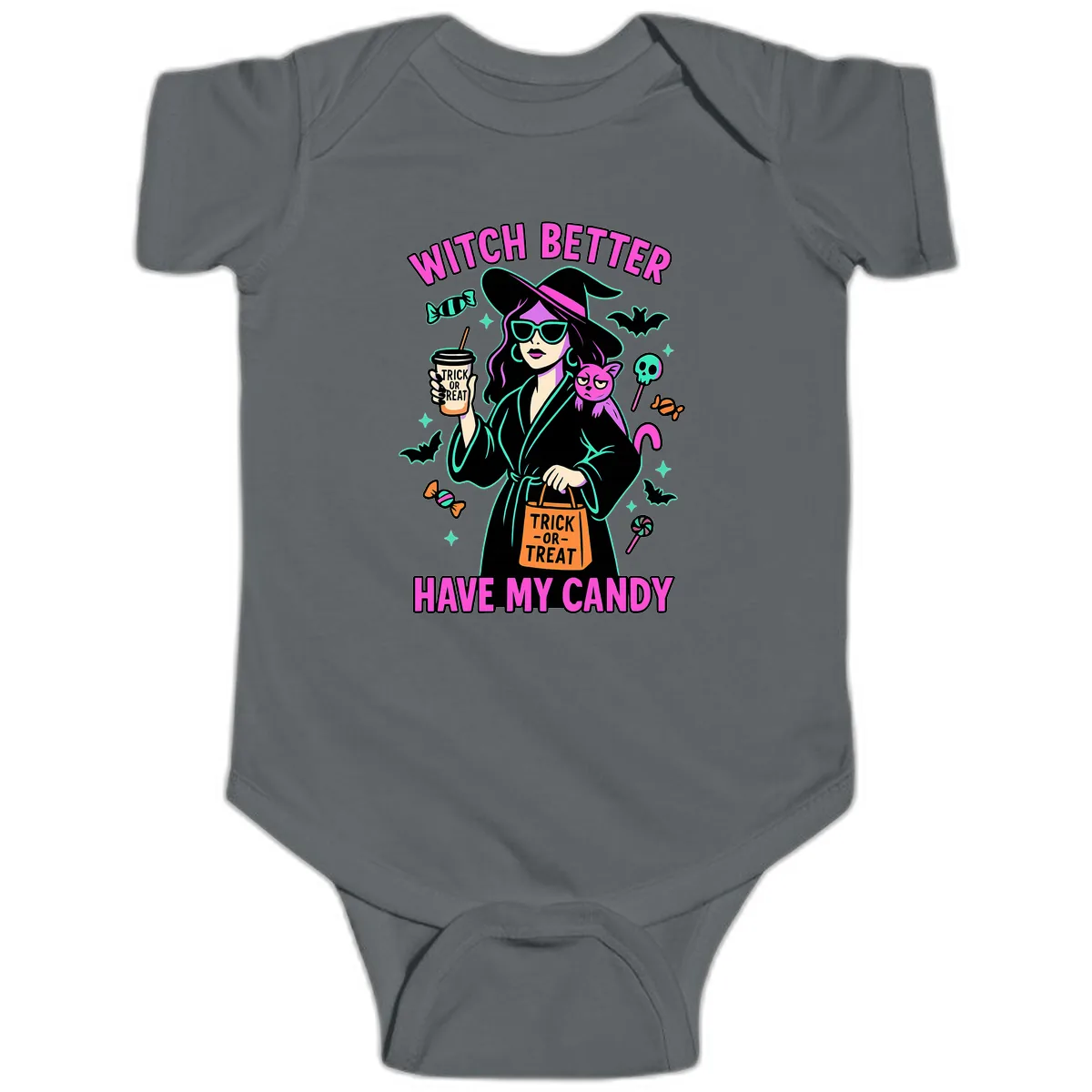 Witch Better Have My Candy Halloween Baby Onesie in Charcoal