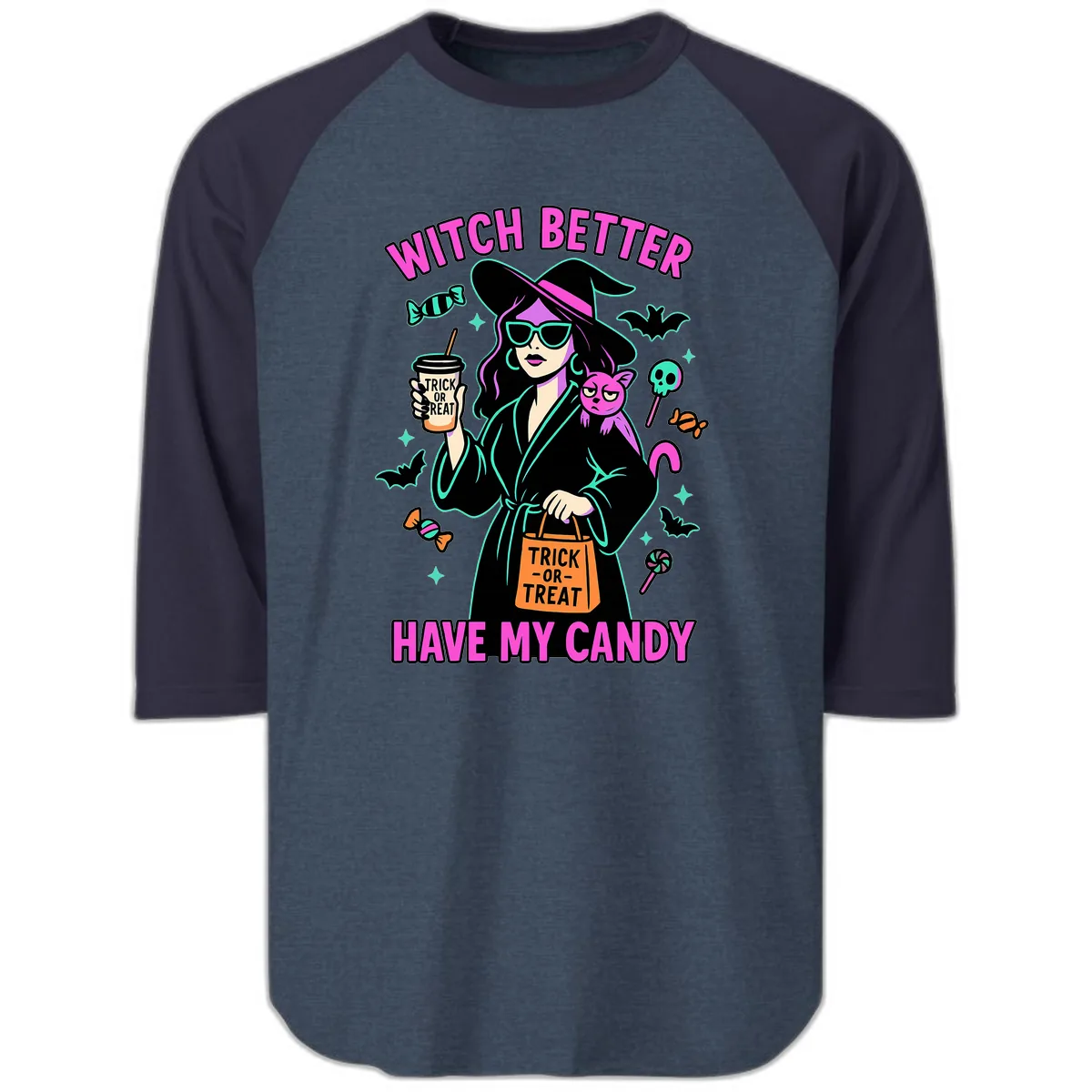 Witch Better Have My Candy Halloween Raglan 3/4 in Heather Denim Navy