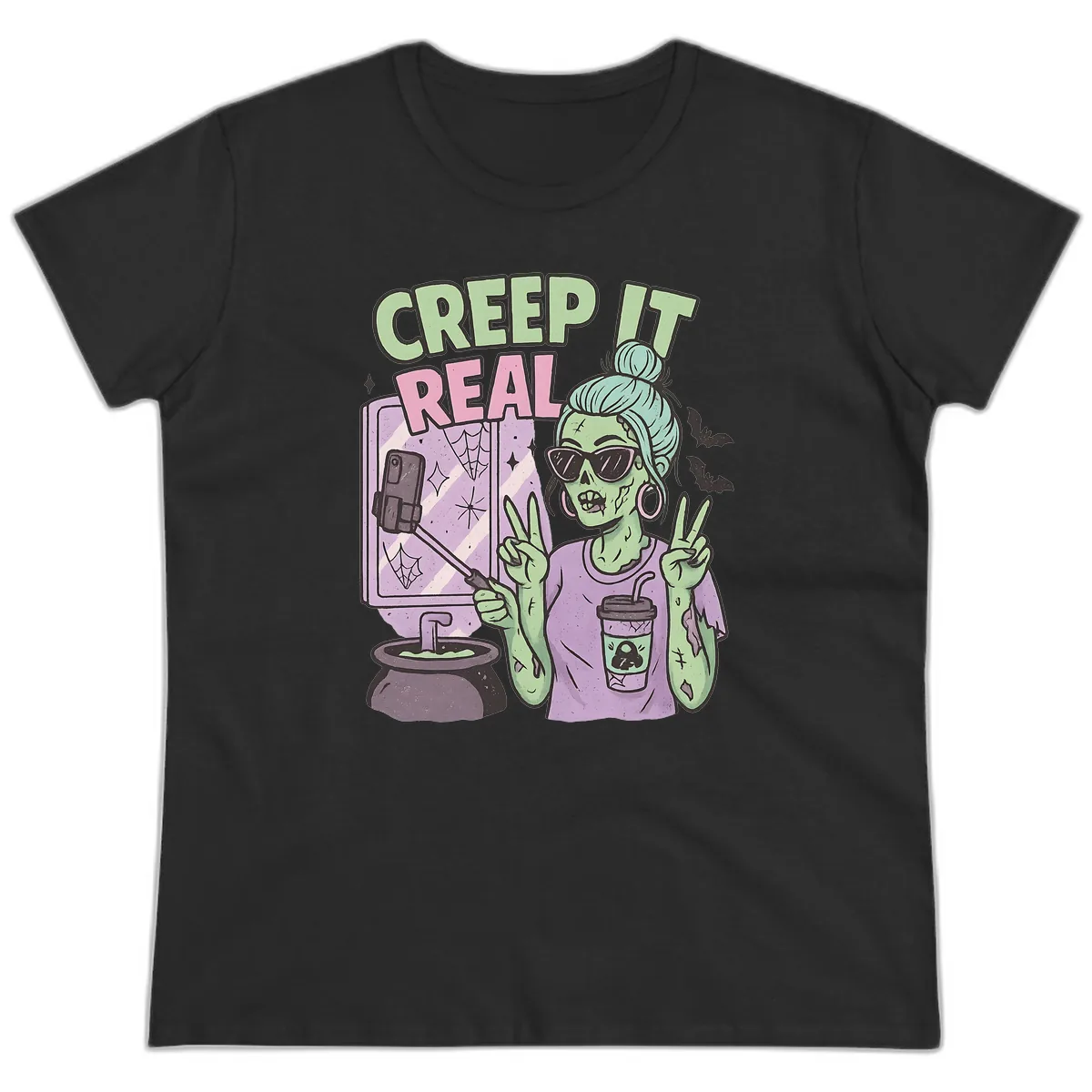 Creep It Real Zombie Selfie Ladies Tee in Black