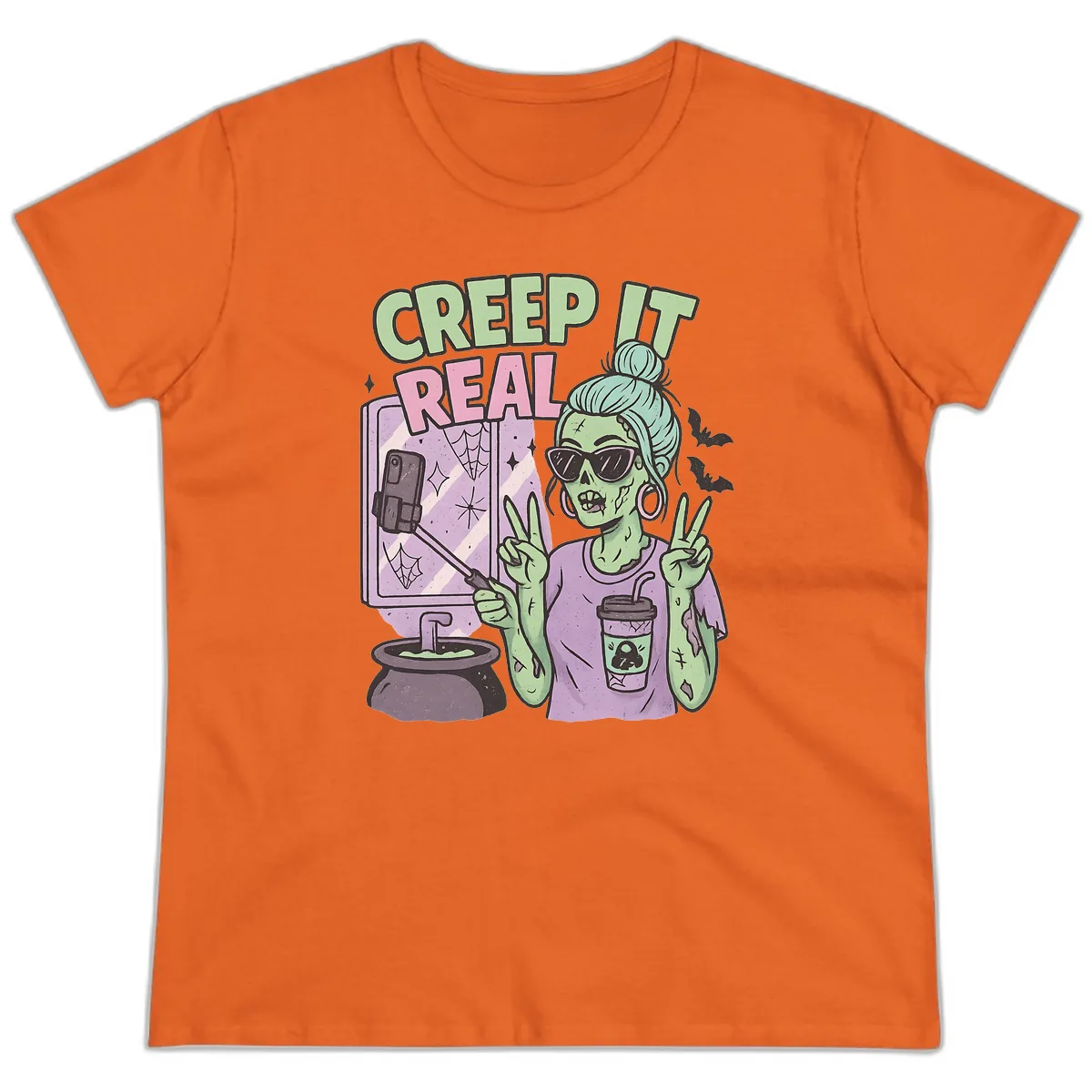 Creep It Real Zombie Selfie Ladies Tee in Orange