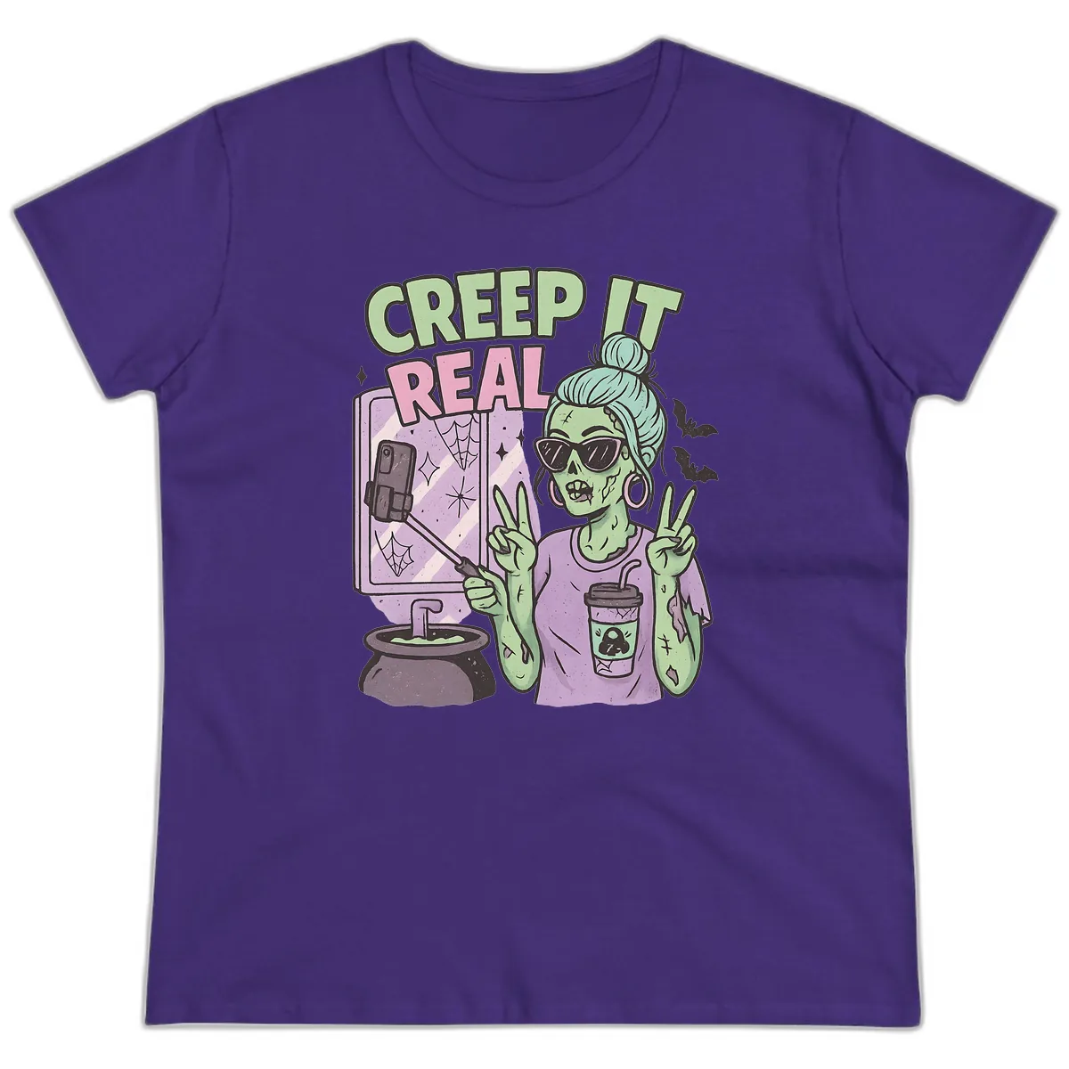 Creep It Real Zombie Selfie Ladies Tee in Purple