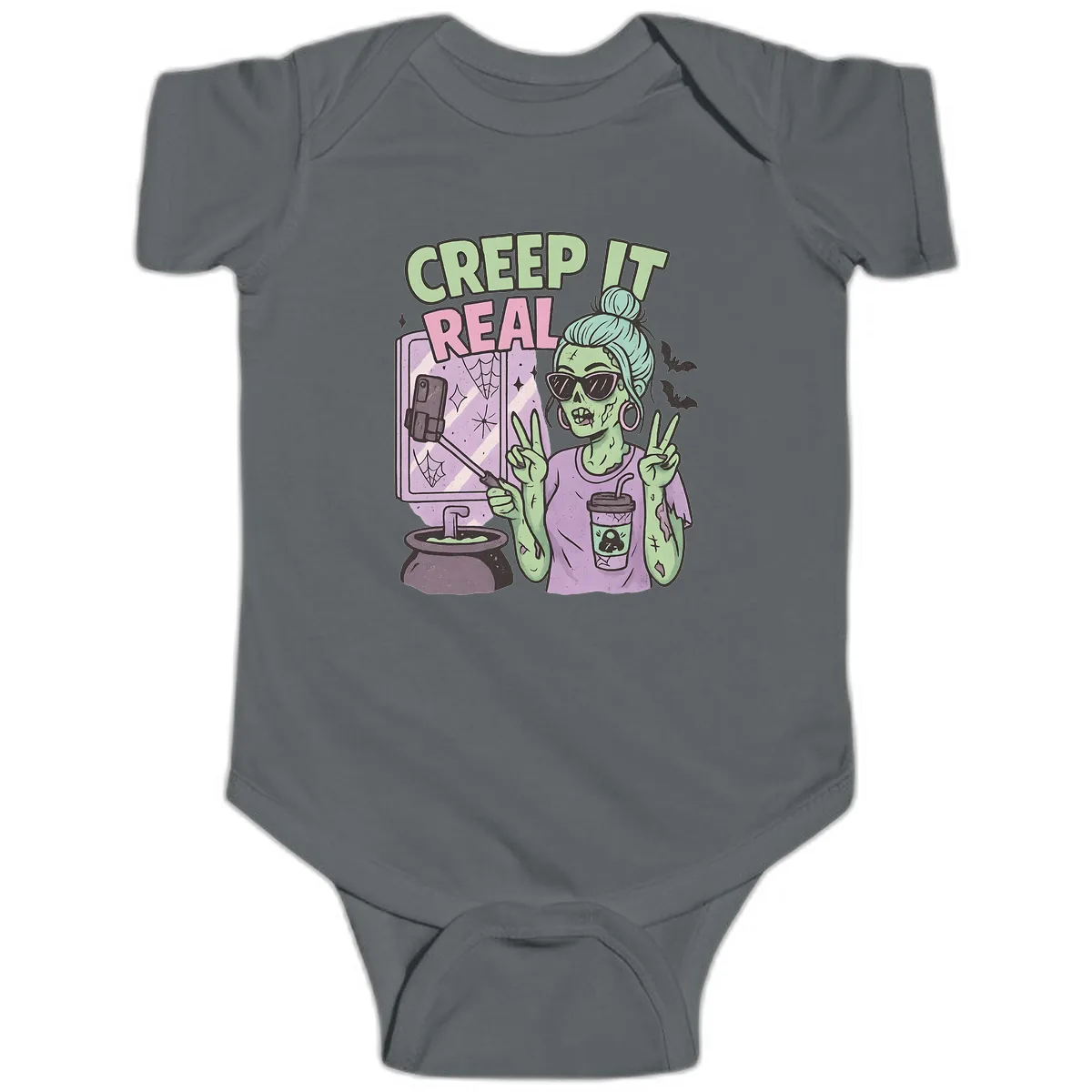 Creep It Real Zombie Selfie Baby Onesie in Charcoal