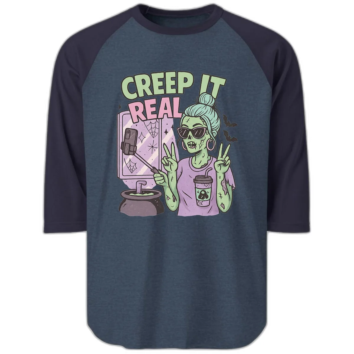 Creep It Real Zombie Selfie Raglan 3/4 in Heather Denim Navy