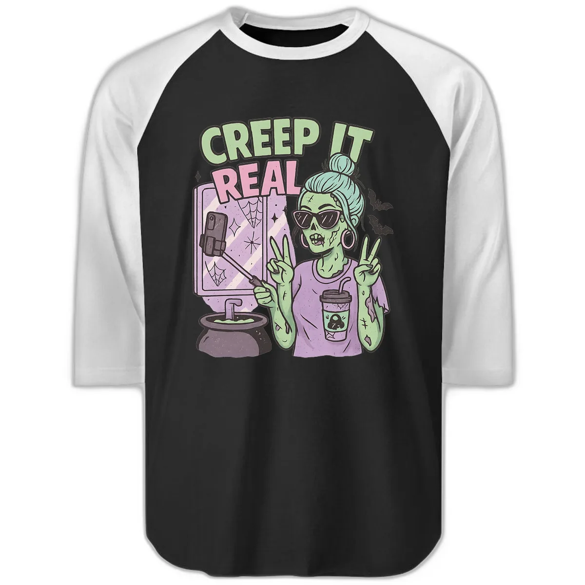 Creep It Real Zombie Selfie Raglan 3/4 in Black White