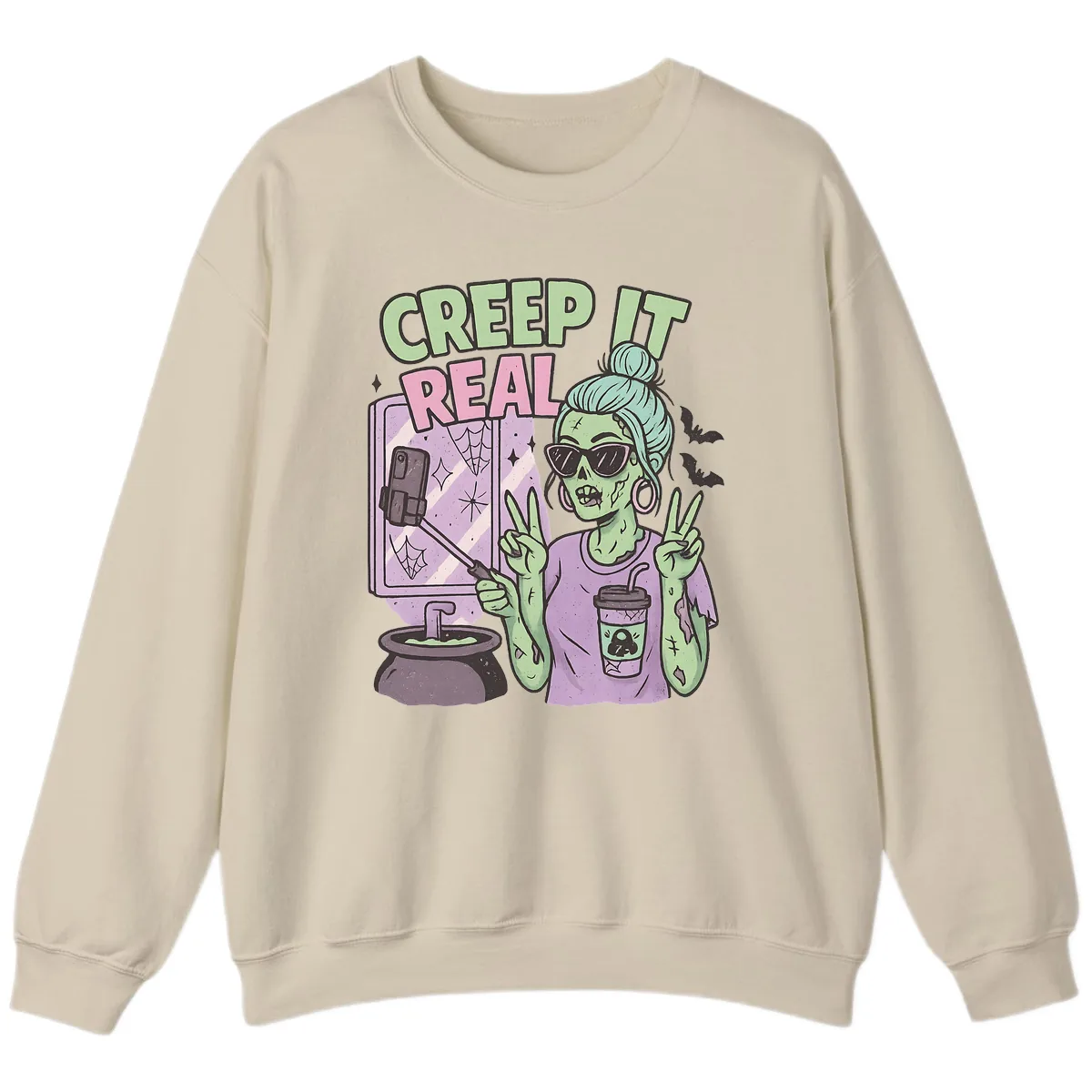 Creep It Real Zombie Selfie Sweatshirt in Sand
