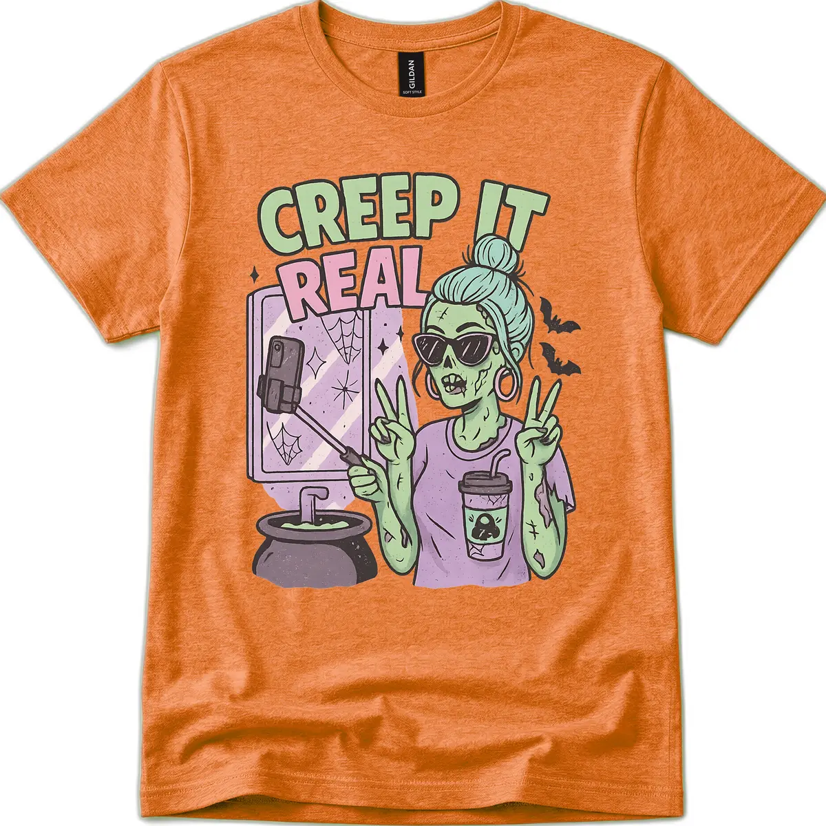 Creep It Real Zombie Selfie T-Shirt in Heather Orange