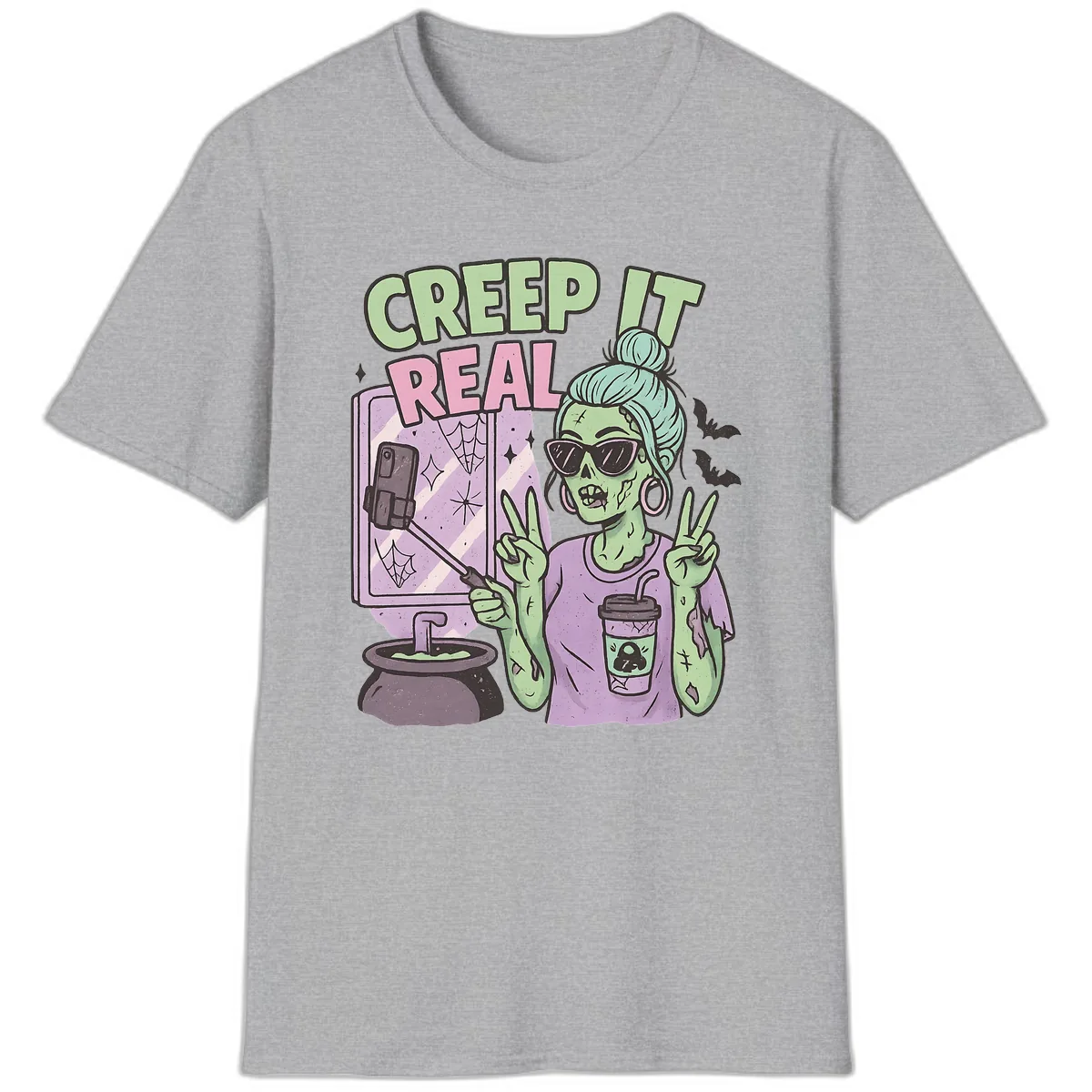 Creep It Real Zombie Selfie T-Shirt in Sport Grey