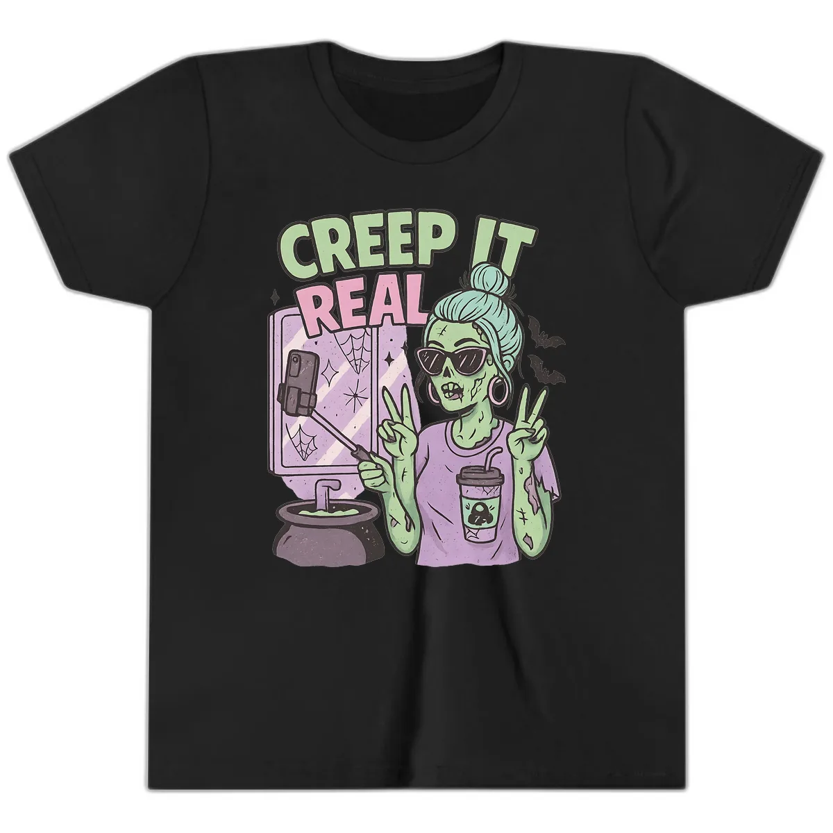 Creep It Real Zombie Selfie Youth T-Shirt in Black