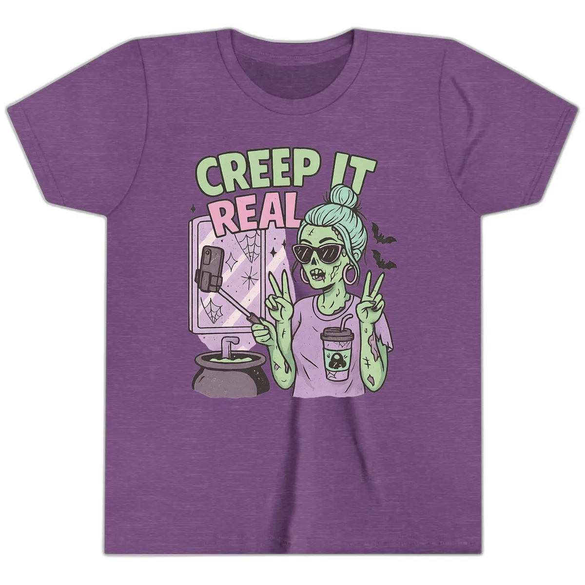 Creep It Real Zombie Selfie Youth T-Shirt in Heather Team Purple