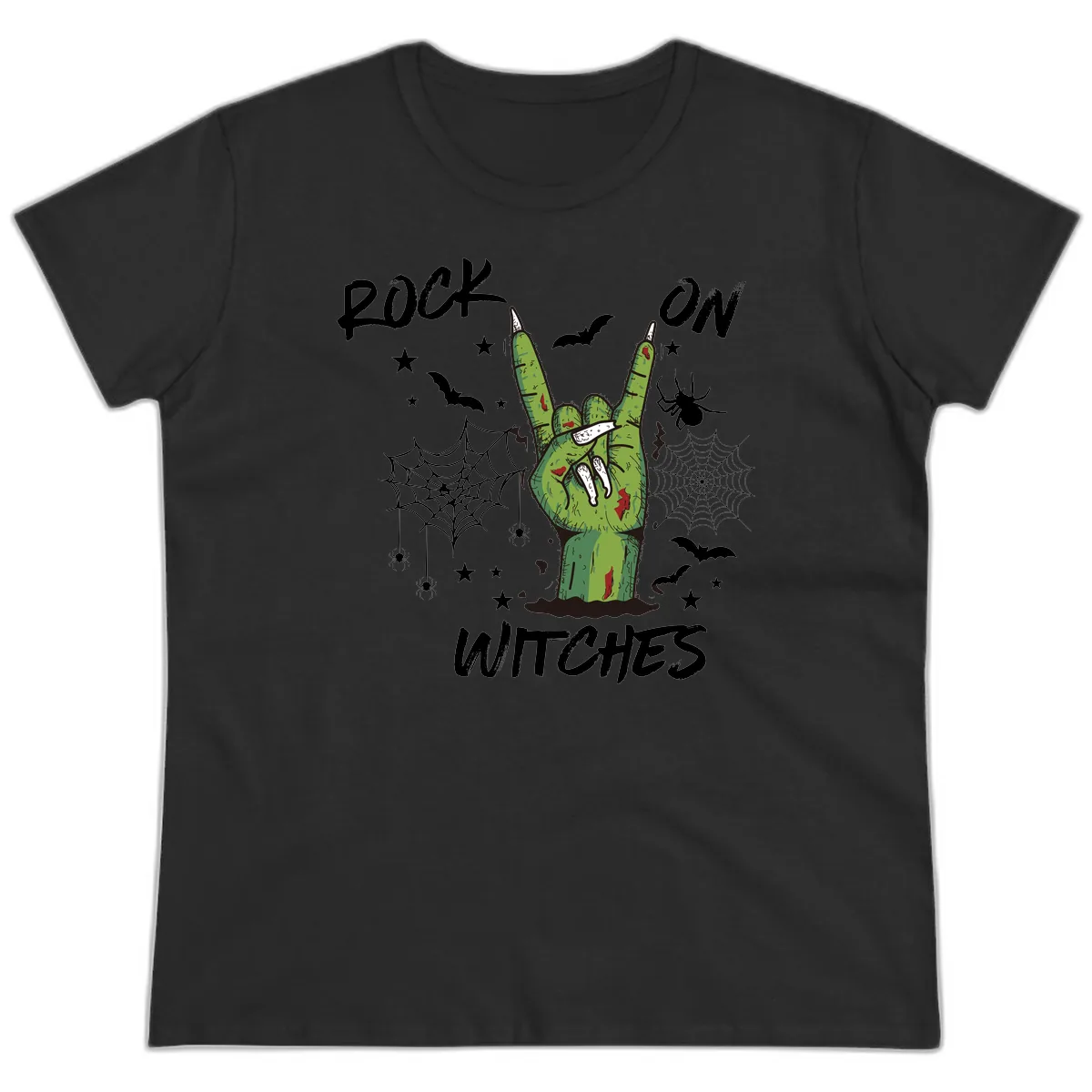 Rock On Zombie Hand Halloween Ladies Tee in Black