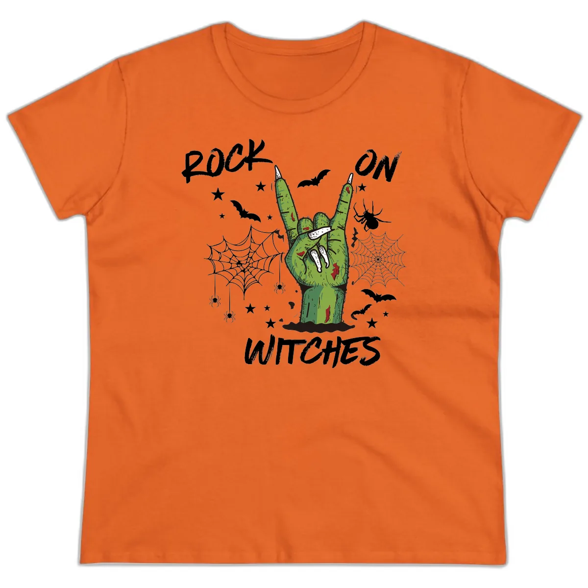 Rock On Zombie Hand Halloween Ladies Tee in Orange